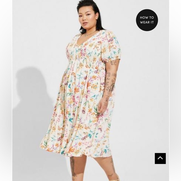 Torrid 3X Dress Midi Floral Smocked Lined Floral Short Sleeve Pockets Textured - Picture 2 of 7